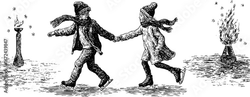 Vintage winter scene of children ice skating in hand drawn style
