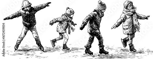 Joyful winter adventure: ice skating children in vintage hand drawn style