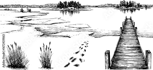 Tranquil winter lake scene with wooden pier and snowy landscape sketch