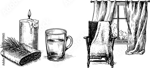 Cozy holiday morning scene with candle, beverage, and relaxing chair for tranquil ambiance