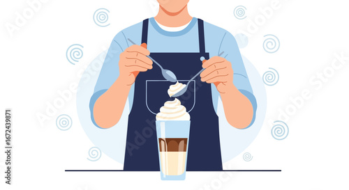 Barista Carefully Adding Cream to a Layered Beverage in a Cafe Setting