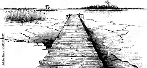 Tranquil winter lake with wooden pier sketched illustration for design