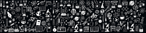 Intricate seamless pattern of science and laboratory doodles featuring glassware, molecules, atoms, microscopes, books, and educational icons on a dark background