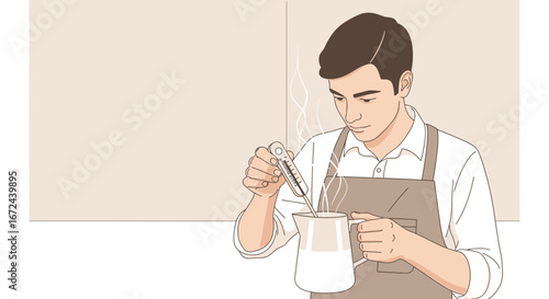 Barista Carefully Measures Milk Temperature, Focusing On The Brewing Process