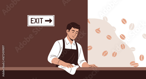 Barista Cleaning Counter After Service with Coffee Beans Decorative Element