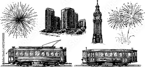 Vintage urban holiday scene with fireworks and trams - perfect for postcards and prints