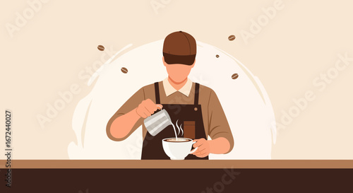 Barista Crafting Coffee: A Visual Depiction of Latte Art and Beverage Preparation at a Cafe