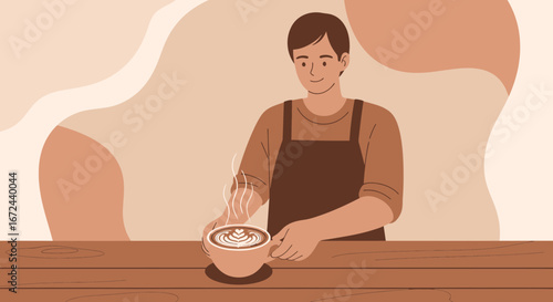 Barista Crafting Coffee Cup With Artistic Latte Art For Beverage Service Presentation