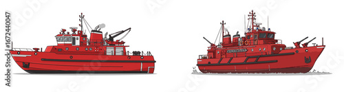 Illustrated vibrant fireboats with firefighting equipment rescue details water safety
