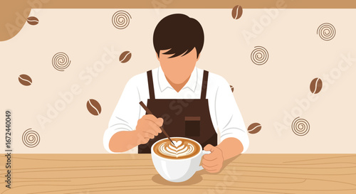 Barista Crafting Coffee Art in a Detailed Illustration with A Decorative Background