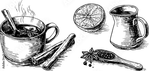 Vintage hand drawn mulled wine set with steaming mug and ingredients for winter holiday design