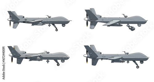 Detailed vector illustration of gray military drone aircraft, different angles