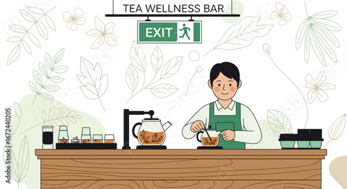 Barista Crafting Herbal Tea Beverages In A Modern Wellness Space Artwork