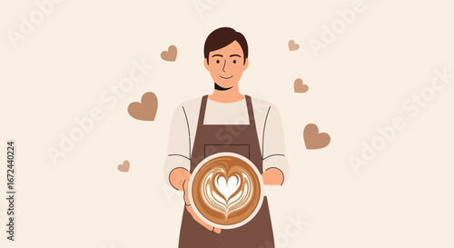 Barista Creates Coffee Latte Art With Heart Shape, Showing Love and Passion for Drink