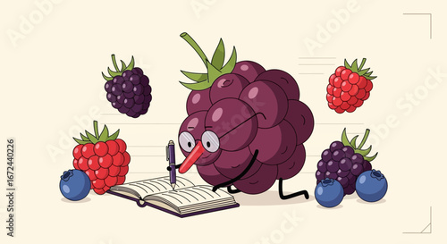 Berry Character Penning Notes With Fresh Berries Surrounding The Illustration