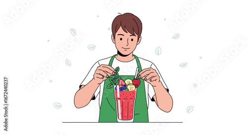 Barista Crafting Refreshing Smoothie With Berries, Fruits, and Mint Leaves