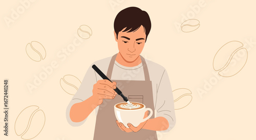 Barista Creatively Crafting Latte Art, Expressing Passion and Skillful Coffee Making