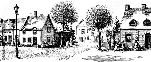 Winter scene of a vintage old town with cobblestone streets