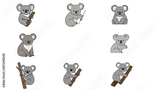 Collection of playful koala illustrations on a white backdrop featuring various poses