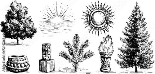 Pagan winter solstice stone illustrations: symbols and traditions for seasonal celebration design