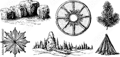 Pagan winter solstice elements collection: stone circles, sun wheels, and yule symbols for festive design