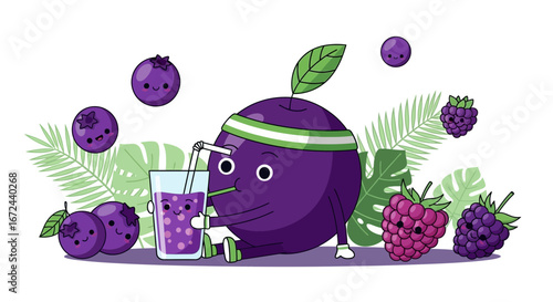 Berry Fruit Cartoon Character Enjoying Juice and Surrounded by Delicious Fruits and Tropical Foliage