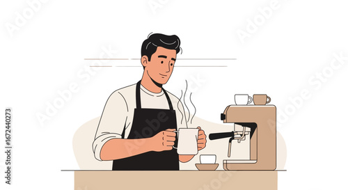 Barista Creatively Prepares Morning Coffee Using Machine, Steam Rising from Mug