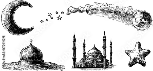 Celestial symbols and skyline: crescent moon and mosque silhouettes for design and decor
