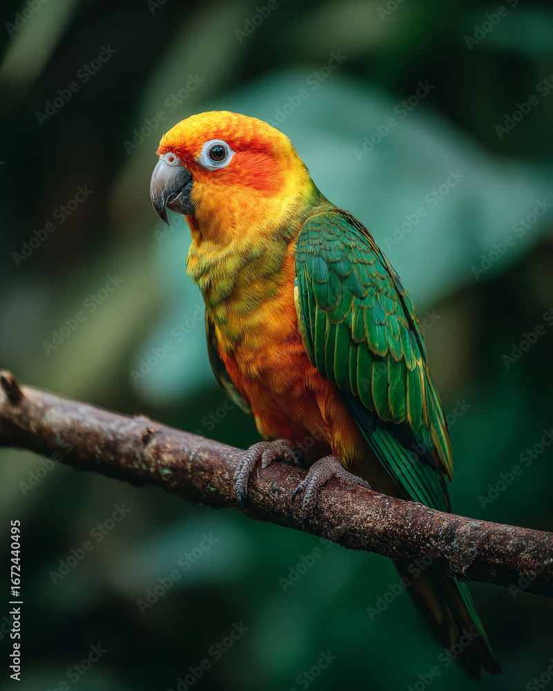 Obraz premium Colorful tropical parrot perched on branch with vibrant green jungle foliage