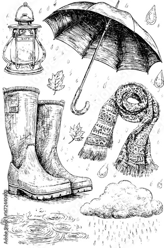 Illustration set of rainy autumn elements with umbrella, boots, and lantern for seasonal designs