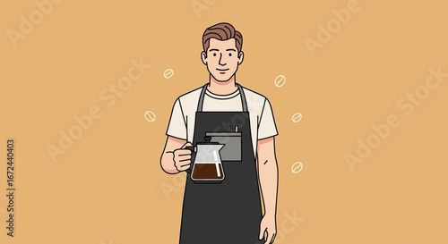 Barista Holding Coffee Pot, Illustration Of A Friendly Person, Cafe Scene Concept