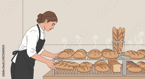 Baker Inspecting Freshly Baked Bread Displayed In A Modern Bakery, Offering A Delicious Selection