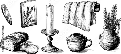 Rustic home altar icon set with candle, bread, and herbal decor for vintage design