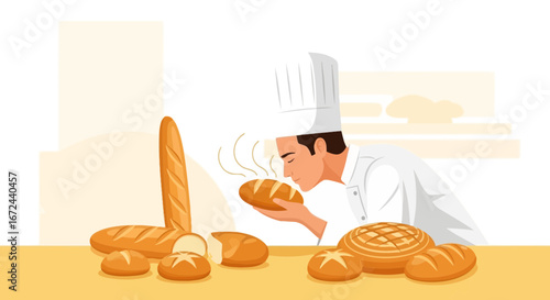 Baker Inspecting Loaf of Freshly Baked Bread with Aromas and Artisan Assortment