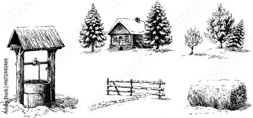 Rustic winter village scene set: wooden cabin, well, snow-covered trees, and hay bale for vintage design
