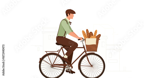 Bicycling Baker Transports Freshly Baked Bread In A Classic Delivery Cycle.