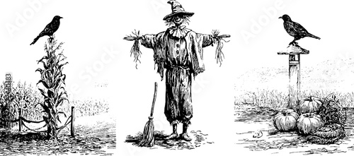 Vintage scarecrow collection with field scenes and harvest elements for autumn design
