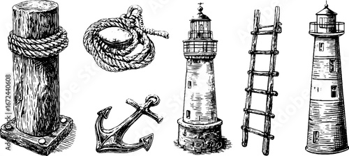 Vintage maritime sketch set of harbour bollard, anchor, lighthouse, and rope ladder for nautical design