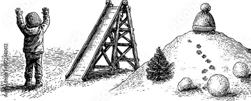 Winter fun illustration set with child, wooden sledge, slide, snow, and snowballs