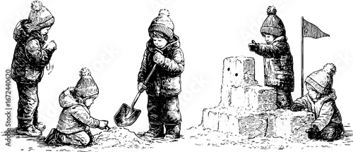 Winter fun activities: children building snow forts in vintage hand-drawn sketch