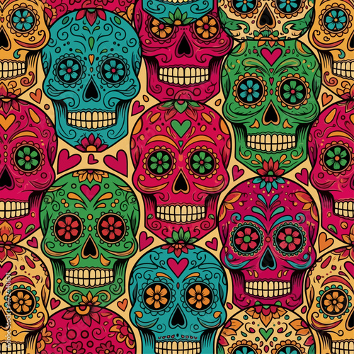 Vibrant, intricately decorated sugar skulls with floral patterns and heart motifs, showcasing a festive Day of the Dead aesthetic.