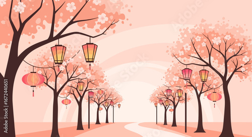 Blossom Trail Lined With Japanese Lanterns Under A Romantic Pastel Sky Illustration