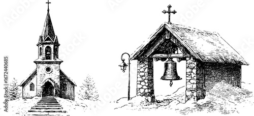 Snow covered church and bell tower engravings for winter holiday cards