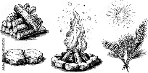 Solstice fire and stacked logs illustration set for seasonal design