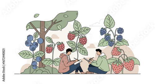 Botanical Illustration Artists Documenting Wild Berries In A Nature's Paradise Scene