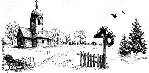 Winter scenery with orthodox churchyard and snow-covered landscape for holiday design