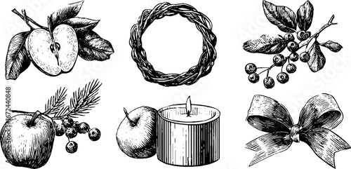 Vintage hand-drawn solstice wreath and nature elements set for holiday decor design