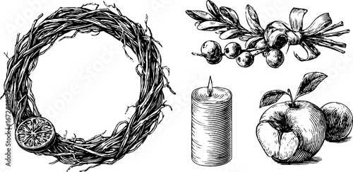 Vintage solstice wreath set with candle and fruits for holiday decor