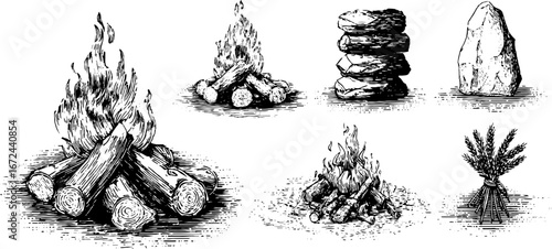 Set of vintage solstice fire and stacked logs illustrations for seasonal celebrations