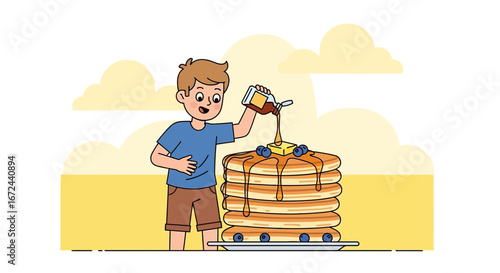 Boy Adorning Pancake Stack With Syrup, A Culinary Delight, And Morning Bliss